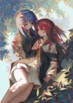  2girls absurdres alternate_costume arknights bangs blue_eyes blue_hair commentary dress exusiai_(arknights) feet_out_of_frame halo highres long_hair long_sleeves looking_at_another mostima_(arknights) multiple_girls red_hair short_dress thighs veilrain 