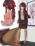  1girl alternate_costume bangs belt bow bra brown_hair collared_shirt commentary_request flat_chest formal fujiko_(emnprmn) hair_bow hakurei_reimu highres jacket long_hair long_sleeves office_lady pantyhose pencil_skirt ponytail red_bow red_bra red_eyes shirt sidelocks simple_background skirt skirt_suit solo suit touhou underwear white_background white_shirt yellow_neckwear 