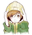  1girl artist_request beanie brown_eyes brown_hair hat highres jacket persona persona_4 satonaka_chie short_hair smile solo track_jacket 