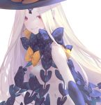  1girl abigail_williams_(fate/grand_order) areola_slip areolae bow bowtie breasts fate/grand_order fate_(series) grin hat io_(io_oekaki) keyhole long_hair looking_at_viewer navel nipples pale_skin purple_eyes revealing_clothes simple_background smile solo very_long_hair white_background white_hair witch_hat 