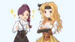  2girls belt blonde_hair blush breasts brigid_(fire_emblem) cleavage dress fire_emblem fire_emblem:_genealogy_of_the_holy_war fire_emblem:_three_houses fire_emblem_heroes garreg_mach_monastery_uniform gloves headband highres kwz_ini long_hair multiple_girls open_mouth petra_macneary ponytail purple_hair simple_background 