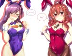  2girls ahoge animal_ears arashi_(kantai_collection) bow bowtie breasts brown_legwear bunny_ears bunnysuit carrot cleavage commentary_request covered_nipples cowboy_shot depth_charge detached_collar fishnet_legwear fishnets hagikaze_(kantai_collection) highres kantai_collection kumichou_(nakasato-gumi) leotard long_hair looking_at_viewer medium_breasts medium_hair multiple_girls object_on_breasts one_side_up pantyhose purple_hair purple_leotard purple_neckwear red_eyes red_hair red_leotard red_neckwear simple_background spoken_blush strapless strapless_leotard twitter_username white_background wrist_cuffs yellow_eyes 