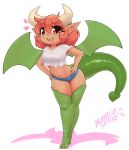  absurd_res animal_humanoid blasticussaturn bottomwear clothing cutoffs denim denim_clothing dragon dragon_humanoid female green_body green_scales hair hi_res horn humanoid humanoid_pointy_ears looking_at_viewer midriff open_mouth pupils red_eyes red_hair reptile scales scalie shorts signature simple_background slit_pupils solo thick_tail wings 
