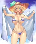 1girl :d armpits arms_up bare_shoulders bikini blonde_hair blue_eyes breasts cleavage cowboy_shot front-tie_bikini front-tie_top groin halterneck hat hat_ribbon highres holding large_breasts looking_at_viewer nadare-san_(nadare3nwm) navel open_mouth original ribbon short_hair side-tie_bikini skindentation smile solo stomach straw_hat string_bikini striped striped_bikini swimsuit thighs towel 