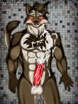  anthro balls blush bodily_fluids brown_body brown_fur canid canine cum detailed_background english_text fluffy fluffy_tail fur genital_fluids genitals hi_res male mammal muscular muscular_anthro muscular_male open_mouth penis solo sweat text tongue vein veiny_penis yellow_eyes zi0808 