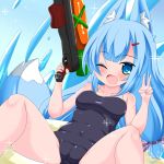  1girl ;d animal_ears bangs bare_arms bare_shoulders black_swimsuit blue_eyes blue_hair blush bow breasts cameltoe collarbone commentary_request eyebrows_visible_through_hair feet_out_of_frame fox_ears fox_girl fox_tail hair_bow hair_ornament hairclip highres holding innertube kanijiru long_hair medium_breasts old_school_swimsuit one-piece_swimsuit one_eye_closed open_mouth original purple_bow school_swimsuit smile solo spread_legs swimsuit tail very_long_hair water water_gun 
