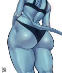  2020 big_butt blue_body bra bubble_butt butt butt_focus clothed clothing faceless_female female hi_res panties rear_view reptilian_orbit scalie signature simple_background solo thick_thighs underwear white_background 