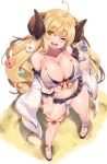  1girl ahoge anila_(granblue_fantasy) bangs bikini blonde_hair blush breasts cleavage detached_sleeves draph flower granblue_fantasy hair_flower hair_ornament highres horns large_breasts long_hair looking_at_viewer navel one_eye_closed open_mouth sandals sheep_horns shinozuka_atsuto smile solo swimsuit thick_eyebrows white_bikini wide_sleeves yellow_eyes 