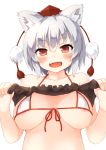  1girl animal_ear_fluff animal_ears areola_slip areolae bare_shoulders bikini bluekalmia breasts collarbone fangs front-tie_bikini front-tie_top hat inubashiri_momiji lifted_by_self looking_at_viewer medium_breasts open_mouth pom_pom_(clothes) red_eyes red_headwear simple_background solo swimsuit tokin_hat touhou upper_body white_background white_bikini white_hair wolf_ears 