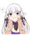  1girl :3 ? banelon bare_shoulders blush cheek_squash commentary_request cropped_shoulders eyebrows_visible_through_hair fire_emblem fire_emblem:_three_houses fire_emblem_heroes hair_ornament highres holding_another&#039;s_arm long_hair looking_at_viewer lysithea_von_ordelia pink_eyes pov pov_hands simple_background sketch spoken_question_mark translation_request upper_body very_long_hair white_background white_hair 