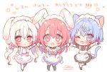  3girls :d ;d animal_ears bangs bare_shoulders black_dress black_legwear blue_dress blue_eyes blue_hair blush breasts bunny_ears cat_ears cat_girl cat_tail chibi commentary_request dress elbow_gloves eyebrows_visible_through_hair fang fish_hair_ornament gloves hair_between_eyes hair_ornament holding_hands long_hair low_twintails maid_headdress medium_breasts multiple_girls one_eye_closed onka open_mouth original puffy_short_sleeves puffy_sleeves red_eyes red_hair sakura_(usashiro_mani) shirt short_sleeves signature simple_background sleeveless sleeveless_dress sleeveless_shirt smile socks standing standing_on_one_leg star_(symbol) star_in_eye symbol_in_eye tail thighhighs translation_request twintails usashiro_mani very_long_hair white_background white_gloves white_hair white_legwear white_shirt wrist_cuffs 