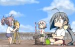  3girls ahoge alternate_costume aoba_(kantai_collection) blue_sky cloud commentary_request day green_eyes green_shorts grey_eyes grey_hair hair_between_eyes hair_bun hamu_koutarou highres indian_style jar kantai_collection kiyoshimo_(kantai_collection) low_twintails multiple_girls outdoors paintbrush pole ponytail purple_shorts rock sculpture shimushu_(kantai_collection) shirt short_hair shorts silver_hair sitting sky t-shirt theodolite twintails white_shirt 