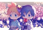  2boys backlighting blonde_hair blue_eyes blue_hair blue_kimono blush candy_apple chibi commentary eating festival fireworks food holding holding_another&#039;s_arm holding_food japanese_clothes kagamine_len kaito kimono male_focus multiple_boys obi sash seigaiha sinaooo spiked_hair sweat v-shaped_eyebrows vocaloid yukata 