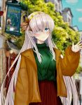  1girl absurdres anastasia_(fate/grand_order) blue_eyes blush brown_coat city coat commentary_request earrings fate_(series) gahara gold_hairband green_sweater hair_between_eyes hair_over_one_eye highres jewelry light_smile long_hair red_skirt ribbed_sweater sign silver_hair skirt solo sweater tree very_long_hair waving 