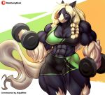  abs absurd_res anthro blonde_hair bottomwear breasts clothing dumbbell ear_piercing ear_ring equid equine exercise facial_piercing female hair hi_res horse mammal muscular muscular_anthro muscular_female nose_piercing nose_ring piercing razzberryboat shorts solo weightlifting weights workout 