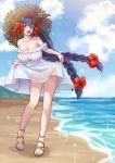  1girl bangs bare_shoulders beach blue_eyes blue_hair blush braid breasts cloud day dress eleszaykr eyebrows_visible_through_hair flower full_body hair_flower hair_ornament hat highres large_breasts last_origin long_hair looking_at_viewer low-tied_long_hair low_twin_braids oberonia_rhea open_mouth outdoors sandals skirt_hold smile solo sun_hat sundress twin_braids very_long_hair white_dress 