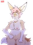  3:4 anthro big_breasts bleakymora breasts canid canine chest_tuft curvy_figure digital_media_(artwork) ears_up emo_hair eyebrow_through_hair eyebrows female fennec fingers fluffy fluffy_hair fluffy_tail fox fur genitals hair hi_res humanoid_genitalia humanoid_pussy inner_ear_fluff mammal navel nipples nude pink_hair pussy raised_eyebrow simple_background solo thick_thighs translucent translucent_hair tuft white_body white_fur wide_hips yellow_eyes 