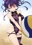  1girl bangs breasts fate/grand_order fate_(series) hair_between_eyes hair_ornament highres kasuka_(kusuki) large_breasts long_hair murasaki_shikibu_(fate) one-piece_swimsuit one_eye_closed open_mouth purple_eyes short_eyebrows signature single_thighhigh skindentation solo sweat swimsuit thighhighs volleyball 