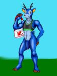  3:4 animal_crossing anthro bam_(animal_crossing) blue_body bottomless bovid caprine cervid clothed clothing genitals goat hi_res male mammal muscular muscular_anthro muscular_male nintendo partially_retracted_foreskin penis solo sportswear thegrave999 topwear uncut video_games 