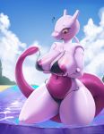  anthro areola big_breasts bikini blush breasts clothing crossed_arms female hi_res legendary_pok&eacute;mon mewtwo nintendo outside partially_submerged pok&eacute;mon pok&eacute;mon_(species) solo swimwear text thousandfoldfeathers url video_games wardrobe_malfunction water wide_hips 