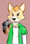  anthro canid canine clothed clothing delet_this fully_clothed fur gun hi_res male mammal meme multicolored_body multicolored_fur ranged_weapon solo weapon 