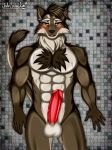  anthro balls blush bodily_fluids brown_body brown_fur canid canine detailed_background english_text fluffy fluffy_tail fur genitals hi_res male mammal muscular muscular_anthro muscular_male open_mouth penis solo sweat text tongue vein veiny_penis yellow_eyes zi0808 