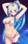  1girl alternate_costume armpits arms_behind_head arms_up bare_arms bespectacled bikini blush breasts brynhildr_(fate) cleavage collarbone colored_inner_hair commentary_request cowboy_shot fate/grand_order fate_(series) glasses hair_ornament hands_in_hair large_breasts long_hair looking_at_viewer multicolored_hair navel parted_lips purple_eyes rotix silver_hair smile solo starry_background stomach swimsuit thigh_strap very_long_hair white_bikini wings 