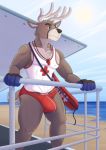  anthro big_bulge blue_eyes blush brown_body brown_fur bulge butt cervid chest_tuft clothing fur gloves handwear hi_res lifeguard lifeguard_tower male mammal muscular muscular_anthro muscular_male pecs pectoral_bulge sand sea shirokoi shirt solo speedo swimwear tank_top topwear torpedo tuft water whistle_(object) 