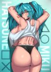  1girl alternate_breast_size aqua_eyes aqua_hair arms_up ass backboob bare_shoulders black_panties breasts commentary from_behind hatsune_miku highres huge_breasts kevbot long_hair looking_at_viewer looking_back panties pursed_lips solo tank_top tattoo thick_thighs thighs thong twintails underwear vocaloid white_tank_top 