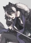  1boy animal_ears black_coat black_gloves black_hair buttons coat fangs fur_trim gloves hair_between_eyes holding holding_microphone holostars jackal_ears jacket kageyama_shien long_sleeves looking_at_viewer male_focus microphone multicolored_hair music necktie nr_hlst open_mouth purple_scarf scarf short_hair simple_background singing solo streaked_hair upper_body virtual_youtuber white_hair white_neckwear yellow_eyes zipper 