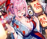  animal aqua_eyes breasts choker cleavage cropped festival fish headdress japanese_clothes obiwan pink_hair short_hair summer wristwear xin_(moehime) yukata z/x 