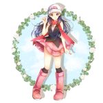  black_legwear blue_eyes blue_hair boots flower hat highres hikari_(pokemon) kneehighs leaf long_hair pink_footwear pink_skirt poke_ball_symbol pokemon red_scarf scarf shirt sidelocks skirt sleeveless sleeveless_shirt yomogi_(black-elf) 