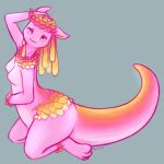  1:1 2020 anthro big_tail breasts digital_media_(artwork) dragon female flower flower_on_head hi_res kemono lilac_(pyritie) looking_at_viewer nipples non-mammal_breasts nude pink_body plant pyritie reptile scalie simple_background small_breasts smile solo thick_tail thick_thighs wide_hips 