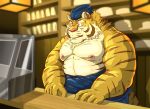  2020 anthro belly clothing detailed_background felid hat headgear headwear humanoid_hands inside kemono male mammal moobs nipples overweight overweight_anthro overweight_male pantherine raichoclub solo tiger 