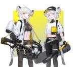  2girls absurdres animal_ears arrow_(projectile) bangs baseball_bat baseball_cap belt black_legwear blunt_bangs border bow_(weapon) breasts cow_ears cow_tail crop_top crossbow crossbow_bolts earrings gradient gradient_background hair_ornament hairclip hat highres huge_filesize jacket jewelry kasagarasu looking_at_viewer medium_breasts midriff multiple_girls navel one_eye_closed open_clothes open_jacket open_mouth original red_eyes short_shorts shorts sleeves_past_wrists tail thighhighs weapon white_border white_hair 