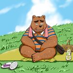  1:1 2020 anthro belly black_nose bottomwear brown_body brown_fur ch_ia_ki clothing fur hi_res kemono male mammal outside overweight overweight_anthro overweight_male shirt shorts sitting solo topwear towel ursid 