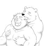  1:1 2010 anthro belly blush duo eyes_closed hug hugging_from_behind kemono kick_(artist) male male/male mammal monochrome overweight overweight_male simple_background suid suina sus_(pig) ursid white_background wild_boar 