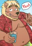  2015 anthro belly beverage blush bottomwear brown_body brown_fur clothed clothing felid fur humanoid_hands kemono kick_(artist) lion male mammal moobs navel open_shirt overweight overweight_anthro overweight_male pantherine shirt shorts solo text topwear 