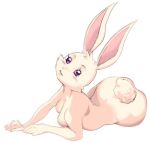  2020 anthro beastars breasts butt domestic_rabbit female fur haru_(beastars) humanoid_hands lagomorph leporid long_ears looking_at_viewer lying mammal nude on_side oryctolagus pink_eyes rabbit ring_echs simple_background solo white_background white_body white_fur 