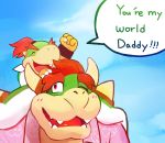  ! 2020 anthro biped blush bowser bowser_jr. camera clothing cute_fangs dialogue duo english_text eyes_closed father father_and_child father_and_son hair hi_res humanoid_hands koopa lates mario_bros nintendo outside overweight parent parent_and_child red_eyes red_hair scalie shell shirt son speech_bubble spiked_shell spikes spikes_(anatomy) text topwear video_games 
