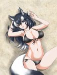  1girl animal_ears bikini black_bikini black_hair blue_eyes breasts cleavage eyebrows_visible_through_hair grey_wolf_(kemono_friends) groin hand_in_hair heterochromia highres kemono_friends large_breasts looking_at_viewer lying multicolored_hair navel saijouji_reika solo swimsuit tail two-tone_hair white_background wolf_ears wolf_girl wolf_tail yellow_eyes 