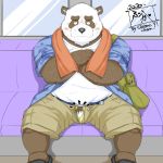  1:1 2020 anthro belly blush bottomwear brown_body brown_fur clothing fur genitals giant_panda hi_res kemono male mammal overweight overweight_anthro overweight_male penis shirt shorts sitting solo tanutronik753_k topwear towel ursid white_body white_fur 