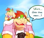  2020 anthro belly biped bowser bowser_jr. camera clothing cute_fangs dialogue duo english_text father father_and_child father_and_son hair hi_res koopa lates mario_bros nintendo outside overweight parent parent_and_child red_eyes red_hair scalie shell shirt son speech_bubble spiked_shell spikes spikes_(anatomy) text topwear video_games 