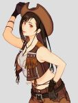  1girl adjusting_headwear belt brown_hair cowboy_hat cowboy_shot earrings final_fantasy final_fantasy_vii fringe_trim gloves grey_background hand_on_headwear hand_on_hip hat highres jewelry jivke long_hair looking_at_viewer md5_mismatch midriff parted_lips pink_eyes pink_lips signature simple_background smile solo tank_top tifa_lockhart vest western wristband 