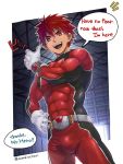  1boy abs belt bodysuit bulge covered_abs covered_navel english_text eyebrows_visible_through_hair gloves indoors male_focus muscle open_mouth original pointing pointing_at_self red_eyes red_hair skin_tight smile solo speech_bubble superhero teeth tongue torakichi_(ebitendon) turtleneck twitter_username upper_teeth watch white_gloves 