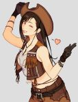  1girl adjusting_headwear belt brown_hair closed_eyes cowboy_hat cowboy_shot earrings final_fantasy final_fantasy_vii fringe_trim gloves grey_background grin hand_on_headwear hat heart highres jewelry jivke long_hair looking_at_viewer md5_mismatch midriff necklace one_eye_closed pink_eyes pink_lips salute signature simple_background smile solo tank_top tifa_lockhart two-finger_salute western wristband 
