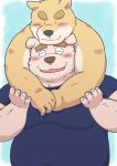  2015 anthro belly blush canid canine canis clothing domestic_dog duo eyes_closed hug hugging_from_behind humanoid_hands kemono kick_(artist) male mammal overweight overweight_male shirt simple_background topwear 