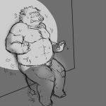  1:1 2010 anthro belly bodily_fluids humanoid_hands kemono kick_(artist) male mammal monochrome overweight overweight_anthro overweight_male scared simple_background solo suid suina sus_(pig) sweat wild_boar 