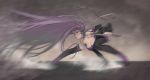  1girl absurdly_long_hair arm_support belt_collar boots breasts chain cleavage collar commentary dagger detached_sleeves dress facial_mark fate/stay_night fate_(series) forehead_mark hanging_breasts highres leaning_forward legs_apart long_hair motion_blur none_(kameko227) purple_eyes purple_hair rider short_dress solo spikes thigh_boots thighhighs very_long_hair weapon 