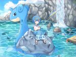  baggy_pants blue_eyes blue_hair blue_pants blue_sky cloud cloudy_sky commentary_request dive_ball fishing fishing_lure fishing_rod gen_1_pokemon gen_7_pokemon highres lapras lying_on_another mei_(maysroom) pants pokemon pyukumuku rainbow reflective_water shirt short_hair sky suiren_(pokemon) tagme tiara water waterfall wave_print white_shirt wishiwashi wishiwashi_(solo) 